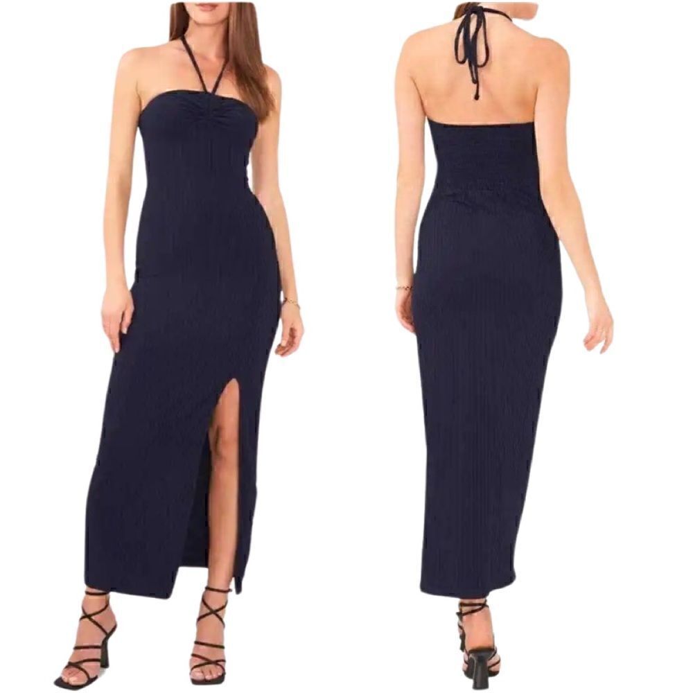 NWTs 1. STATE Navy Ruched Rib Knit Halter Maxi Dress Size S NWT
